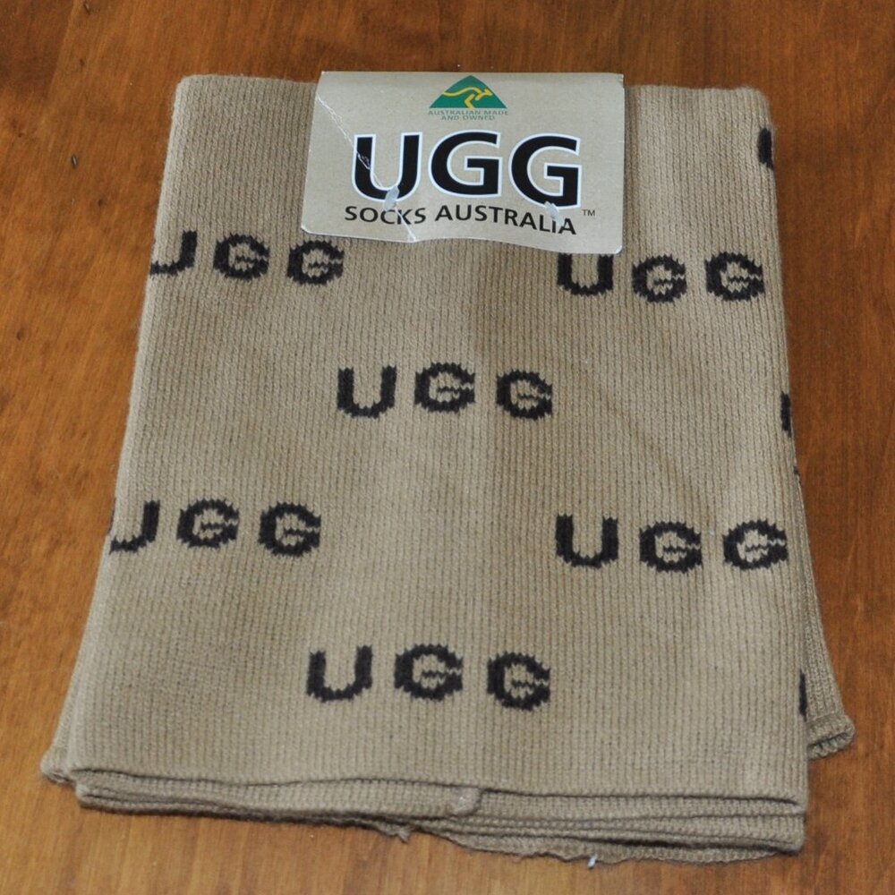 New UGG Australia Logo Tan & Brown Knit Boot Socks Wool Acrylic